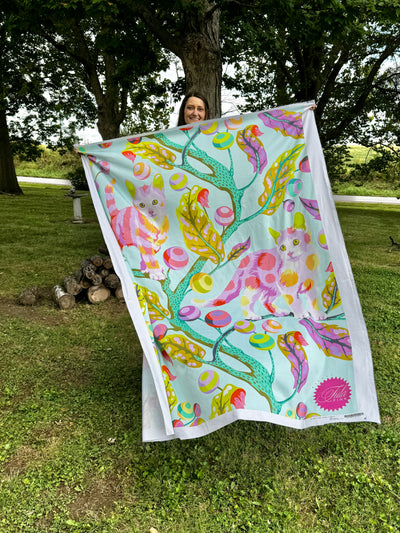 54" x 72" Tula Pink Tabby Road (Deja Vu) Quilt Backing - Disco Kitty Techno Mint