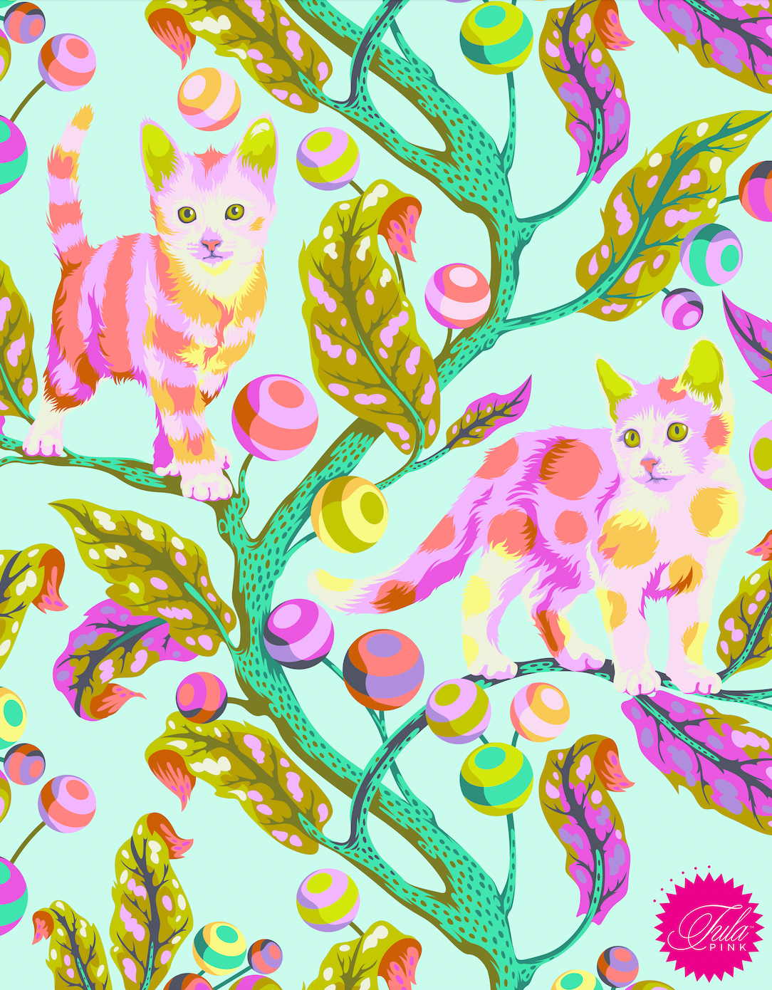 54" x 72" Tula Pink Tabby Road (Deja Vu) Quilt Backing - Disco Kitty Techno Mint