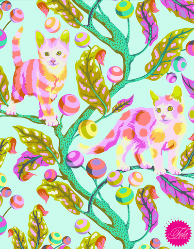 54" x 72" Tula Pink Tabby Road (Deja Vu) Quilt Backing - Disco Kitty Techno Mint